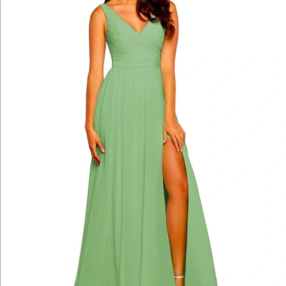 Dresses | Waterdress Vneck Bridesmaid Dress With Slit Chiffon Aline Pleated  Formal Dress | Poshmark